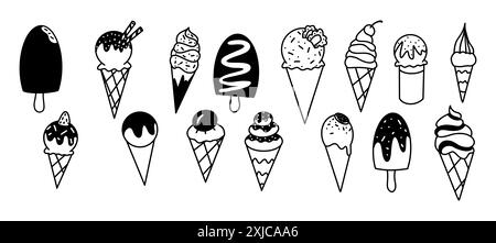 Crèmes glacées avec des cônes de gaufrette doodle line icônes vectorielles paquet sur fond blanc. Desserts froids dessinés à la main ensemble d'illustration monochrome Illustration de Vecteur