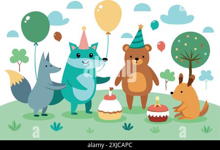 Adorables animaux de dessins animés, y compris un ours, un renard et un lapin, célèbrent un anniversaire avec des ballons, des gâteaux et des chapeaux de fête dans un cadre de forêt fantaisiste. Illustration de Vecteur