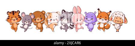 Illustration vectorielle de couleur plate de groupe de petits animaux heureux dansant. Kawaii créatures sauvages et animaux de compagnie partie composition de dessin animé sur fond blanc Illustration de Vecteur