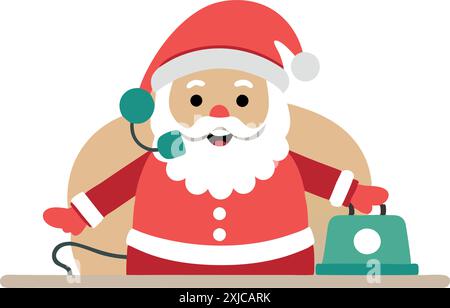 Adorable image animée du Père Noël à l'aide d'un téléphone rétro, parfait pour Noël et les thèmes de vacances. Illustration de Vecteur