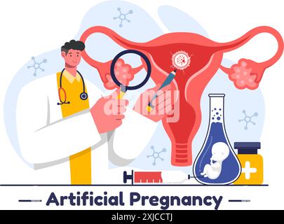 Illustration vectorielle de grossesse artificielle avec couple après une greffe d'embryon réussie et la santé reproductive dans un fond de dessin animé plat Illustration de Vecteur