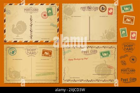 Cartes postales antiques vintage de jour de Thanksgiving avec des timbres-poste, vecteur pour les enveloppes de courrier rétro. Cartes de vœux de fêtes de Thanksgiving avec citrouilles, tu Illustration de Vecteur