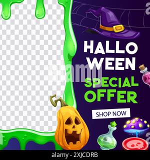 Bannière de vente d'Halloween avec cadre de slime vert pour l'offre de réduction, fond de toile d'araignée vectorielle. Bannière de promotion de vente de vacances d'Halloween avec citrouille, wi Illustration de Vecteur