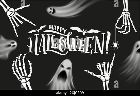 Fantômes réalistes d'Halloween et mains squelettes. Fond vectoriel avec des spooks effrayants, des bras squelettiques, des chauves-souris, des araignées pendent vers le bas étrange toile d'araignée. Tingli rachidien Illustration de Vecteur