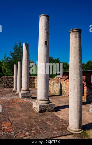 De hautes colonnes blanches se dressent au milieu d'anciennes ruines de briques à Felix Romuliana, en Serbie, avec des arbres verts en arrière-plan et un ciel bleu clair au-dessus de lui Banque D'Images