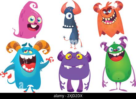 Monstres de dessin animé drôles avec différentes expressions faciales. Ensemble de personnages de monstres heureux de vecteur de dessin animé. Conception d'Halloween pour décoration de fête ou pack Illustration de Vecteur