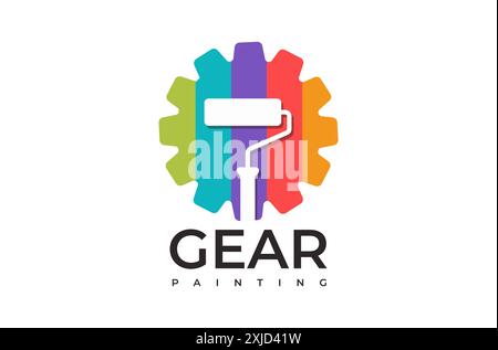 Gear Painting Bright Multicolor Gear logo avec Paint Roller Design pour Creative Painting services Illustration de Vecteur