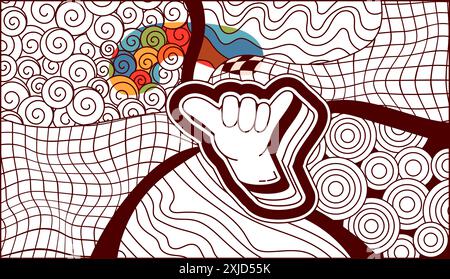 Coloriage psychédélique avec geste jumbo shaka. Illustration de Vecteur