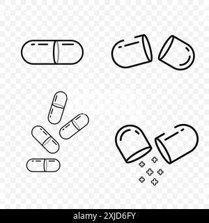 Icônes vectorielles de ligne noire de pilules et de médicaments pour la pharmacie de médecine. Icône de silhouette de pilule Illustration de Vecteur