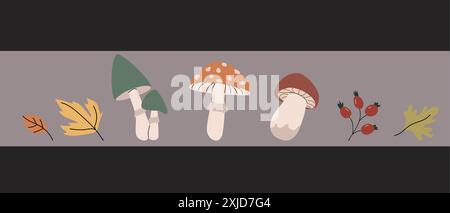 Éléments de récolte d'automne, autocollants ensemble de différentes feuilles, champignons. Des choses clipart confortables pour scrapbooking, impression, affiches. Illustration de Vecteur