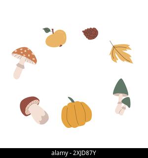 Feuilles d'automne cadre ou frontière pour les vacances saisonnières, fond d'éléments de récolte. Mignon motif de célébration dans le style dessiné à la main. Illustration de Vecteur