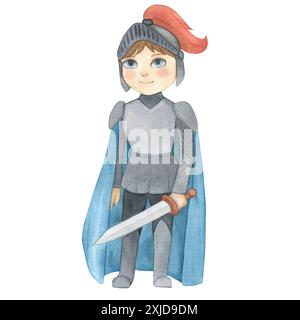 Illustration aquarelle d'un prince fantastique en armure bleue et grise avec épée. Illustration médiévale isolée. Dessiné à la main, croquis. Pour la chambre des enfants Banque D'Images