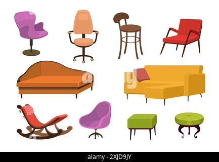 Canapés moelleux et chaises fauteuils. Mobilier de maison. Design moderne et classique des sièges rembourrés en tissu. Ameublement. Salons confortables. Confortable Illustration de Vecteur