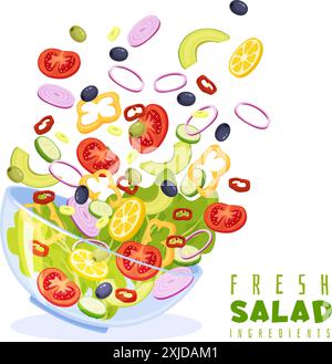 Tranches de fruits et légumes volants. Ingrédients de salade hachés. Bol végétarien. Plat délicieux. Produits alimentaires frais. Cuisine du déjeuner. Concombre et Illustration de Vecteur