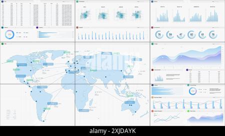 Rendu 3D : maquette de logiciel de surveillance de la lumière avec mise à jour de cartes du monde en temps réel et graphiques et graphiques avec données analytiques. Programme informatique pour modèle logistique pour moniteurs de bureau ou TV. Banque D'Images