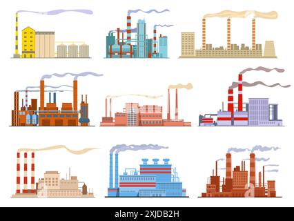 Bâtiments d'usine. Installations industrielles avec de la fumée de tuyaux. Manufactures et centrales électriques. Émissions nocives dans l'atmosphère. Production d'électricité Illustration de Vecteur