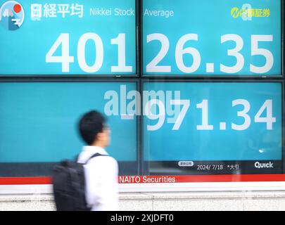 Tokyo, Japon. 18 juillet 2024. Un piéton passe devant un panneau de cours des actions à Tokyo le jeudi 18 juillet 2024. Le cours des actions japonaises a chuté de 971,34 yens pour clôturer à 40 126,35 yens à la Bourse de Tokyo. (Photo de Yoshio Tsunoda/AFLO) Banque D'Images