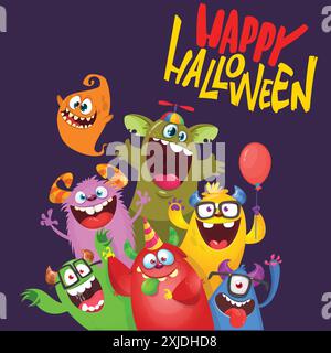 Сartoon jeu de personnages monstres. Illustration de créatures extraterrestres souriantes joyeuses et effrayantes pour la fête d'Halloween. Desig. Paquet, affiche ou invitation de vœux Illustration de Vecteur