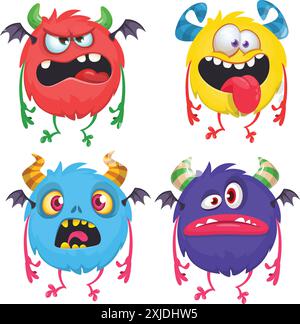 Monstres de dessin animé mignons. Ensemble vectoriel de monstres de bande dessinée : fantôme, gobelin, bigfoot yéti, troll et alien. Personnages d'Halloween isolés. Illustration de Vecteur
