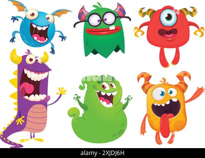 Monstres de dessin animé mignons. Ensemble vectoriel de monstres de bande dessinée : fantôme, gobelin, bigfoot yéti, troll et alien. Personnages d'Halloween isolés. Illustration de Vecteur