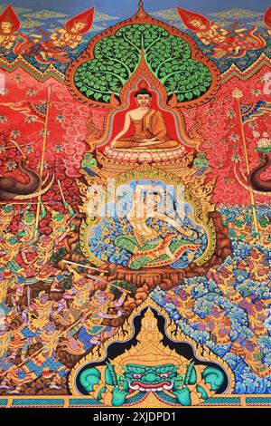 Peinture murale de Bouddha Phra Mae Thorani Déesse tordant ses cheveux et Rahu dans la salle de l'Assemblée de Wat Pak Nam Khaem Nu, Chanthaburi, Thaïlande Banque D'Images