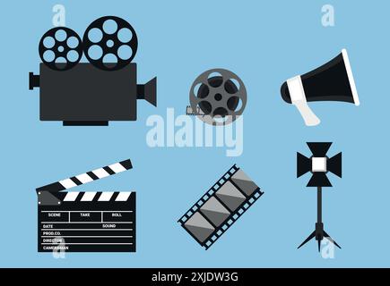 Icônes Cinéma. Jeu d'icônes d'équipement de réalisation de films. Caméra vidéo, bobine de film, claquette, bande de film, haut-parleur, projecteur de lumière. Illustration vectorielle en f Illustration de Vecteur