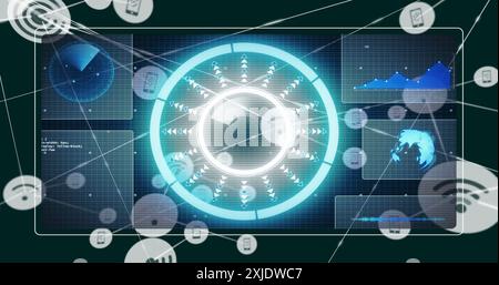 Image du réseau de connexions avec icônes et traitement des données sur écrans Banque D'Images