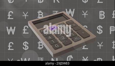 Image des symboles de devise et de la calculatrice sur fond gris Banque D'Images