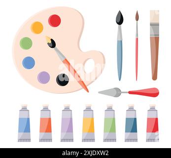 Outils de peinture, ensemble de fournitures d'art. Peintures, tubes de peinture, pinceaux, couteau à palette, palette d'aquarelle. Icônes d'équipement d'artiste. Illustration vectorielle Illustration de Vecteur