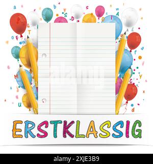 Bannière ballons lettres pliées papier ligné Erstklassig texte allemand Erstklassig, traduire première année. Banque D'Images