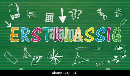 Erstklassig symboles Green Governed School Blackboard German text Erstklassig, translate First Grade. Banque D'Images