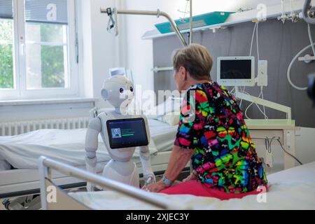 Humanoider Roboter Pepper - Forschung an der Medizinische Universität Lausitz - Carl Thiem DEU/Brandenburg/ Cottbus Â an der Brandenburgischen Technischen Universität Cottbus-Senftenberg BTU und der Medizinische Universität Lausitz - Carl Thiem, wird derzeit eine Pilotstudie durchgeführt, UM die Auswirkungen der Interaktionsmodalitäten eines sozialen Roboters Pepper auf das engagement und die Anwendungen in pflegetypischen Situationen zu untersuchen. Pepper wird eingesetzt, um verschiedene Formen der Mensch-Maschine-Interaktion zu erproben. Ziel ist es, die Auswirkungen solcher Technologien au Banque D'Images