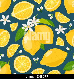Motif sans couture de fruits tropicaux. Fruits frais répétés, fleurs, feuilles et brindilles, agrumes coupés et entiers, citron jaune, papier d'emballage, papier peint Illustration de Vecteur
