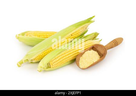 Farine de maïs dans une cuillère en bois avec des épis de maïs frais isolés sur fond blanc Banque D'Images