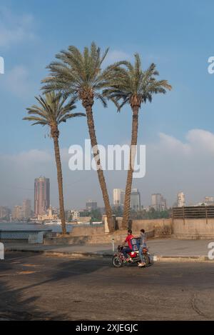 Le Caire, Égypte. 1er juillet 2024 palmiers à côté du pont Qasr El Nil et du Nil dans le centre-ville du Caire, Egypte. Banque D'Images