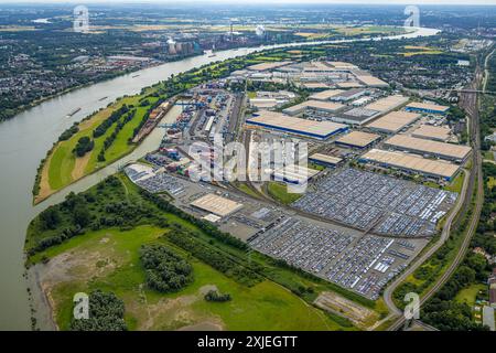 Luftbild, Duisburg-West, logport i Eins Rheinhausen, duisport mit Automobil-Logistik am Fluss Rhein, Friemersheim, Duisburg, Ruhrgebiet, Rhénanie-du-Nord-Westphalie, Deutschland ACHTUNGxMINDESTHONORARx60xEURO *** vue aérienne, Duisburg Ouest, logport I Eins Rheinhausen, duisport avec logistique automobile sur le Rhin, Friemersheim, Duisburg, région de la Ruhr, Rhénanie du Nord-Westphalie, Allemagne ACHTUNGxMINDESTHONORARx60xEURO Banque D'Images