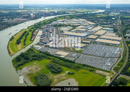 Luftbild, Duisburg-West, logport i Eins Rheinhausen, duisport mit Automobil-Logistik am Fluss Rhein, Friemersheim, Duisburg, Ruhrgebiet, Rhénanie-du-Nord-Westphalie, Deutschland ACHTUNGxMINDESTHONORARx60xEURO *** vue aérienne, Duisburg Ouest, logport I Eins Rheinhausen, duisport avec logistique automobile sur le Rhin, Friemersheim, Duisburg, région de la Ruhr, Rhénanie du Nord-Westphalie, Allemagne ACHTUNGxMINDESTHONORARx60xEURO Banque D'Images