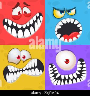 Monstres de bande dessinée et visages d'aliens avec des expressions drôles et un espace vide de bouche ouvert pour le texte. Idéal pour la conception de paquet ou la décoration de fête. VE Illustration de Vecteur
