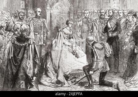 Reine Victoria détenant la première investiture de l'ordre de l'étoile de l'Inde, 1861. Victoria, 1819 – 1901. Reine du Royaume-Uni de Grande-Bretagne et d'Irlande, 1837-1901. Extrait de Cassell's Illustrated History of England, publié vers 1880. Banque D'Images