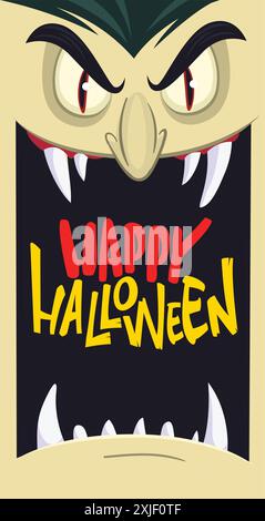 Joyeux Halloween. Comte Dracula face avatar. Personnage mignon de vampire de dessin animé avec grande bouche ouverte, langue, crocs. Conception plate. Illustration vectorielle pour de Illustration de Vecteur