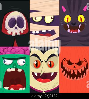 Halloween Funny faces ensemble de quatre personnages. Têtes de dessin animé de faucheuse sinistre, citrouille Jack o lntern zombie, vampire et momie. Illustration vectorielle isola Illustration de Vecteur