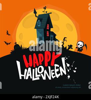 Illustration de dessin animé de maison hantée d'Halloween. Manoir effrayant d'horreur de vecteur sur le fond de nuit avec la lune. Affiche de fête. Illustration de Vecteur