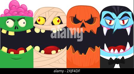 Halloween Funny faces ensemble de quatre personnages. Têtes de dessin animé de faucheuse sinistre, citrouille Jack o lntern zombie, vampire et momie. Illustration vectorielle isola Illustration de Vecteur