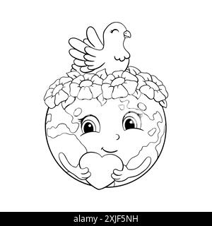 Mignonne planète Terre tient un cœur dans ses mains. Sur la tête se trouve une couronne de fleurs et une colombe, symbole de paix. Page de livre de coloriage pour les enfants. Dessins animés s Illustration de Vecteur