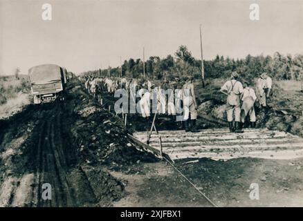 Une photographie montre des soldats construisant des routes en cordelette, des routes en rondins posées sur un sol boueux pour améliorer la praticité. Capturée lors de l'opération Barbarossa en 1941, cette image illustre les défis logistiques auxquels sont confrontées les forces allemandes alors qu'elles progressaient contre les troupes soviétiques sur le front de l'est pendant la seconde Guerre mondiale. Banque D'Images