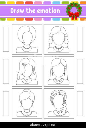 Dessinez l'émotion. Feuille de travail complétez la face. Livre de coloriage pour enfants. Caractère joyeux. Illustration vectorielle. Silhouette de contour noir. Vecteur illus Illustration de Vecteur