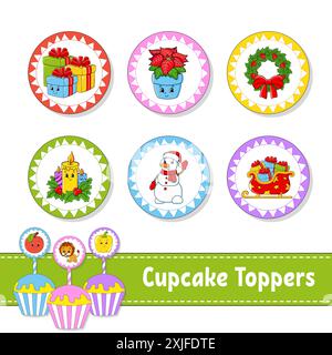 Garnitures pour cupcakes. Ensemble de six photos rondes. personnages de dessins animés. Image mignonne. Pour l'anniversaire, baby shower. Isolé sur fond blanc. Illustration vectorielle Illustration de Vecteur