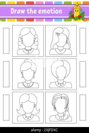 Dessinez l'émotion. Feuille de travail complétez la face. Livre de coloriage pour enfants. Caractère joyeux. Illustration vectorielle. Silhouette de contour noir. Vecteur illus Illustration de Vecteur