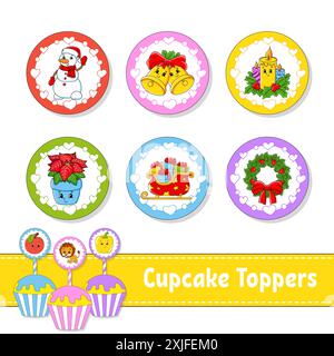 Garnitures pour cupcakes. Ensemble de six photos rondes. personnages de dessins animés. Image mignonne. Pour l'anniversaire, baby shower. Isolé sur fond blanc. Illustration vectorielle Illustration de Vecteur