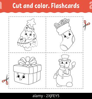 Couper et colorer. Jeu de cartes mémoire. Livre de coloriage pour enfants. Personnage de dessin animé mignon. Silhouette de contour noir. Thème de Noël. Isolé sur fond blanc. Illustration de Vecteur